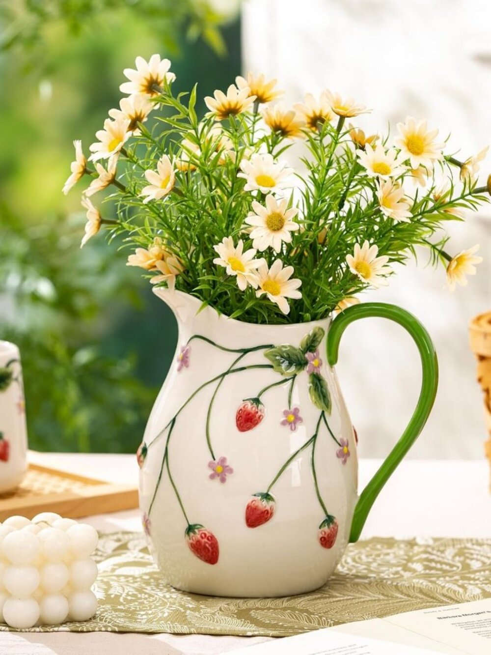 Handmade Strawberry Summer Pitcher Vase with Handle | Unique Artisanal Decor